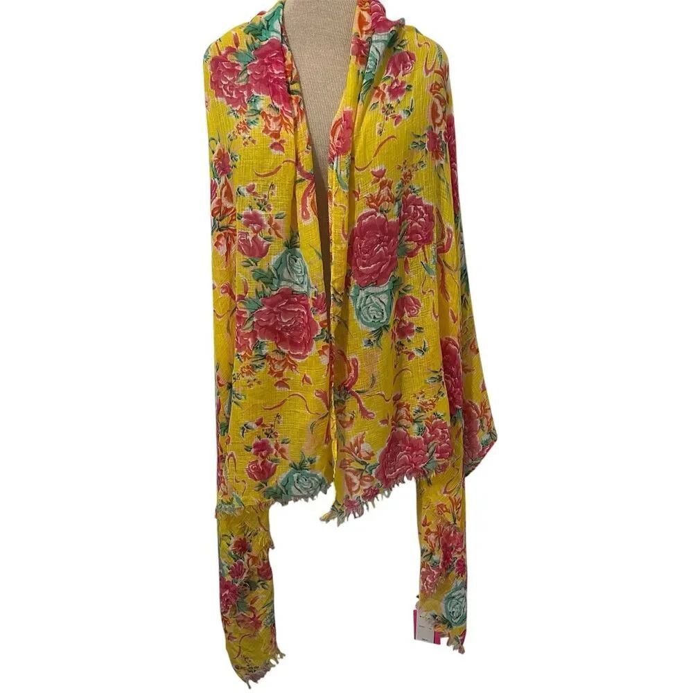Betsey Johnson Scarf Yellow Floral Wrap Shawl 39x73 Y2K Artsy Swim Coastal